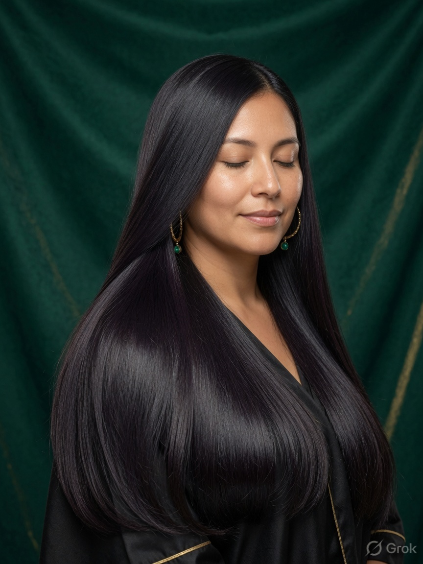 After hair botox: glass-smooth dark hair