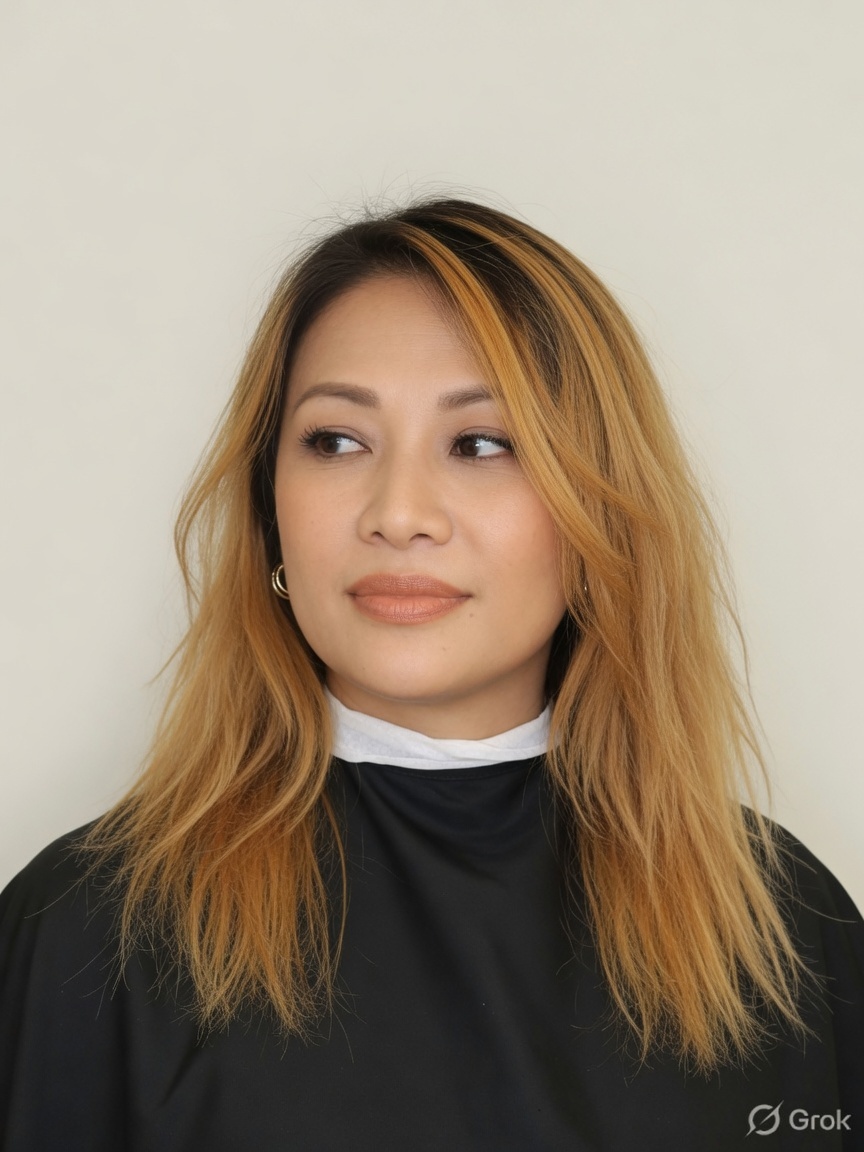 Before colour correction: uneven brassy blonde
